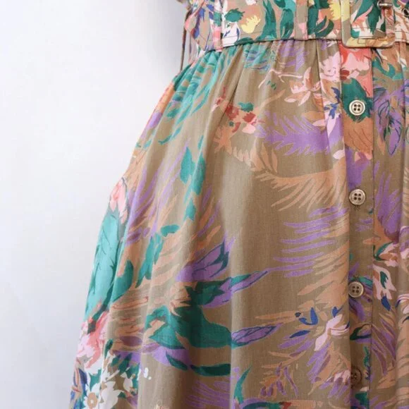Vintage 1980s/1990s Tan Tropical Floral Belted Midi Dress Small/Medium - Picture 6 of 8